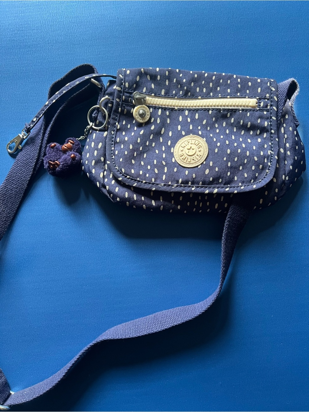 Kipling Navy Polka Dot Crossbody with Cream Trim. - Picture 1 of 11